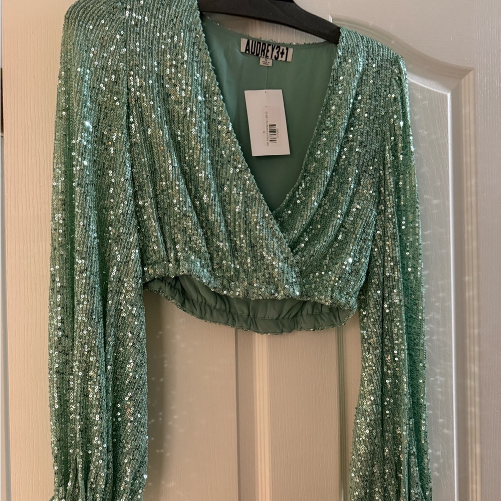 Audrey 3+1 Mint Green Sequin Wrap Crop Top